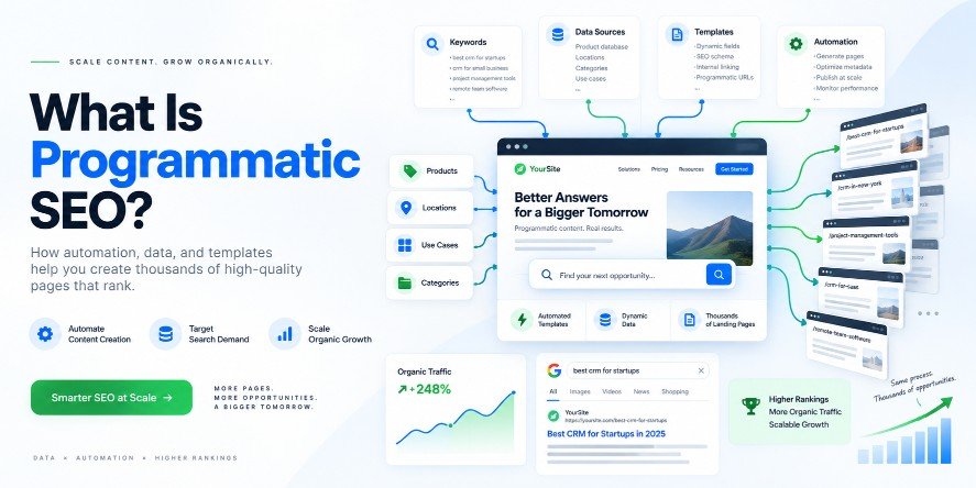 Programmatic SEO database architecture and programmatic page generation workflow diagram