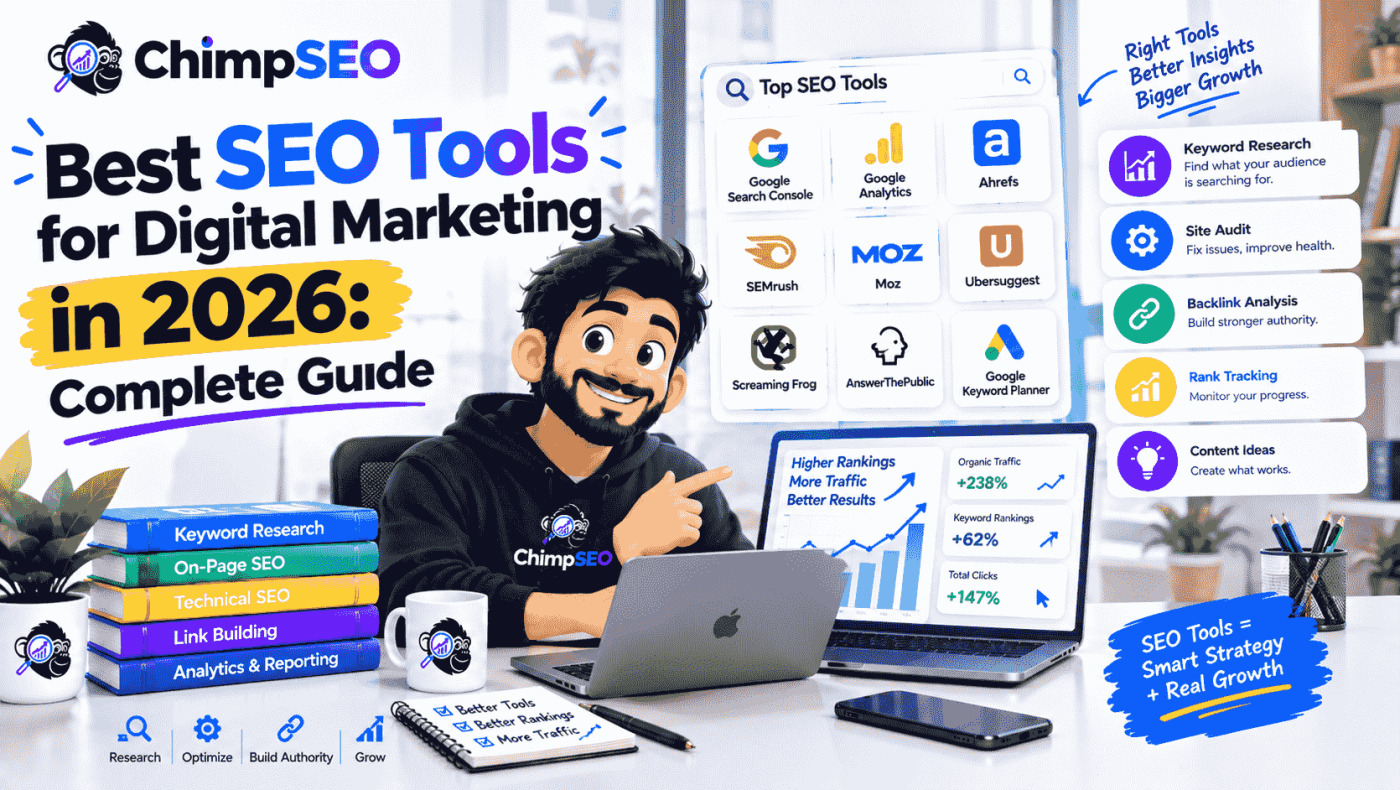 Modern dashboard displaying SEO tools for digital marketing analytics, keyword tracking, and AI content generation
